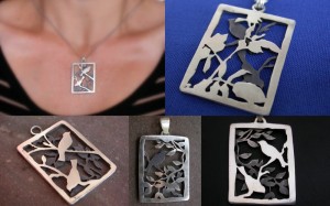 Double-sided/two-way, "Can't see the birds for the trees" Pendants. Sterling, patina